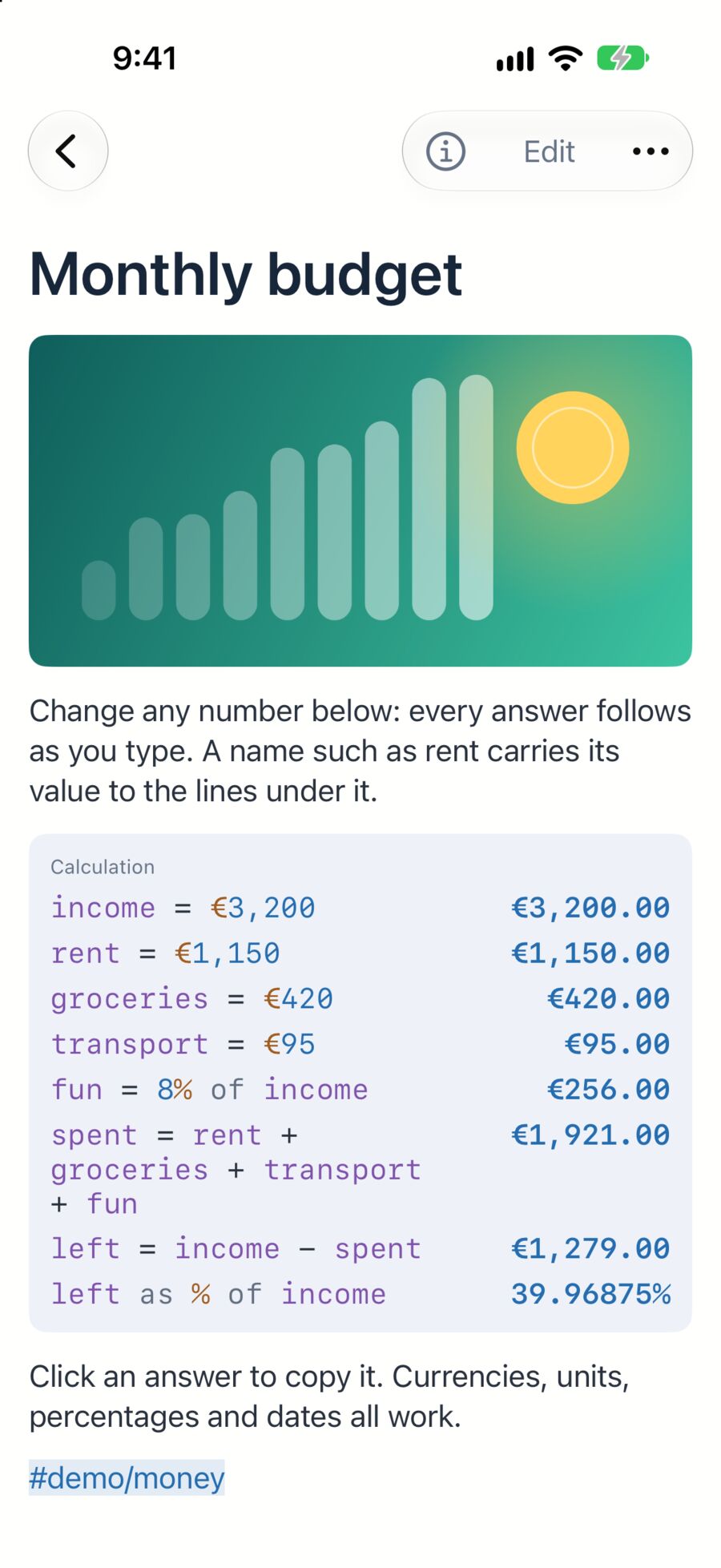 Varlig on iPhone showing the Monthly budget demo note: a chart illustration and a budget worked out line by line, with each answer beside its line.